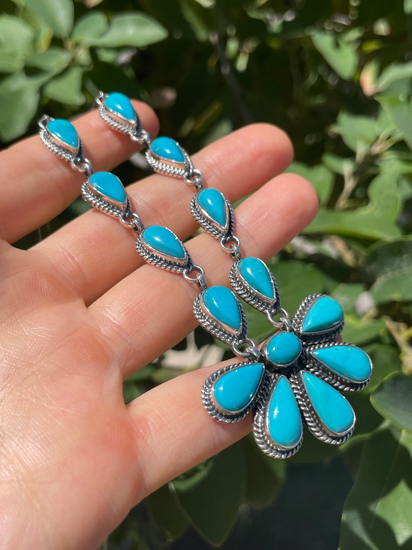 Kingman Turquoise Flower Lariat Necklace | Sterling Silver D133