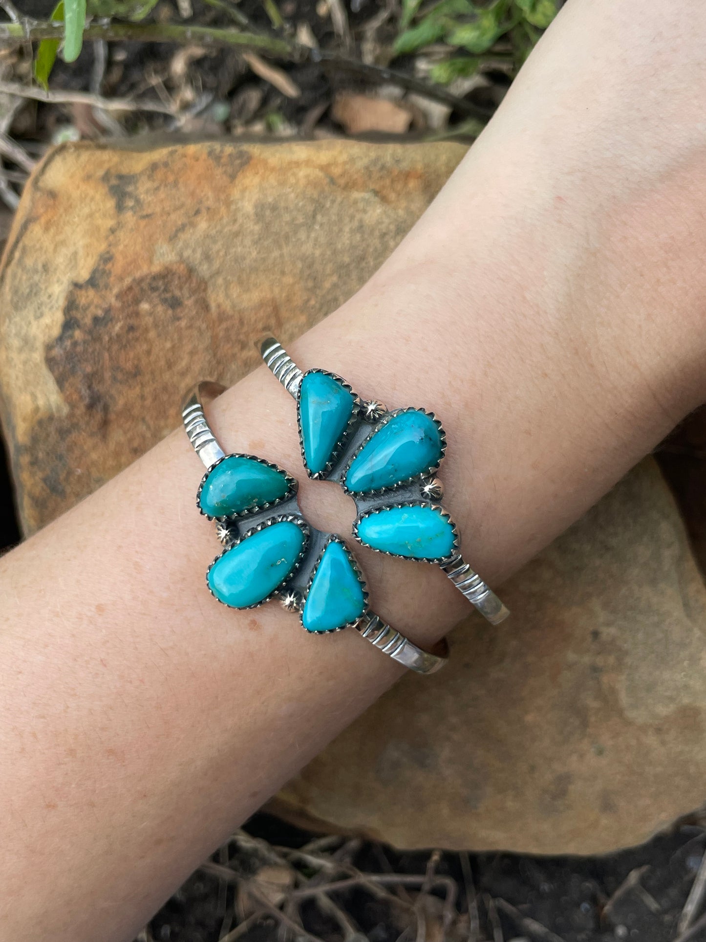 Turquoise Split Cluster Cuff Bracelet | Sterling Silver 925 | B514