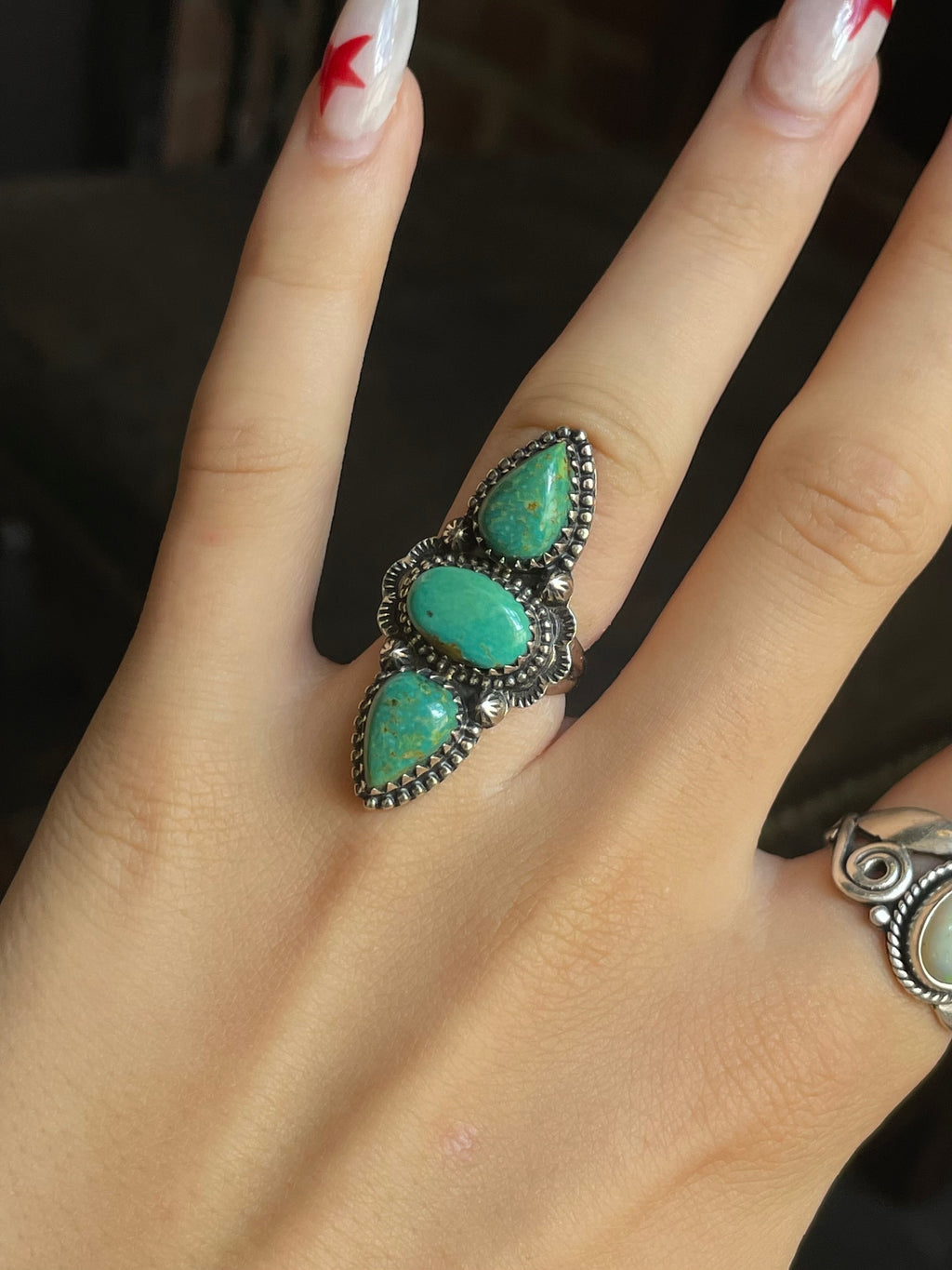 Kingman Turquoise Triple Stone Ring Size 6 | 925 Sterling Silver G555