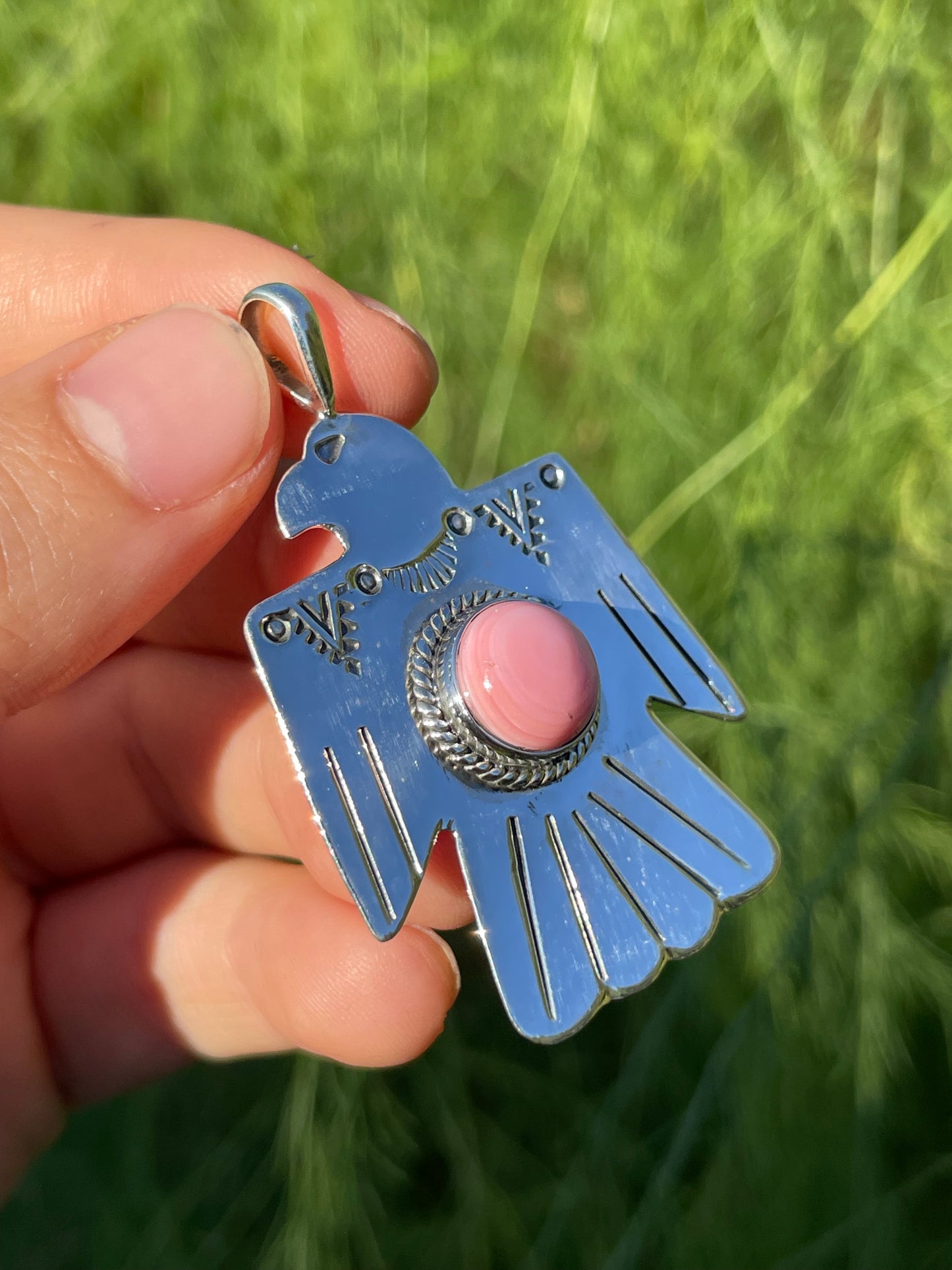 Pink Conch Thunderbird Pendant | Handcrafted Sterling Silver 925 B454