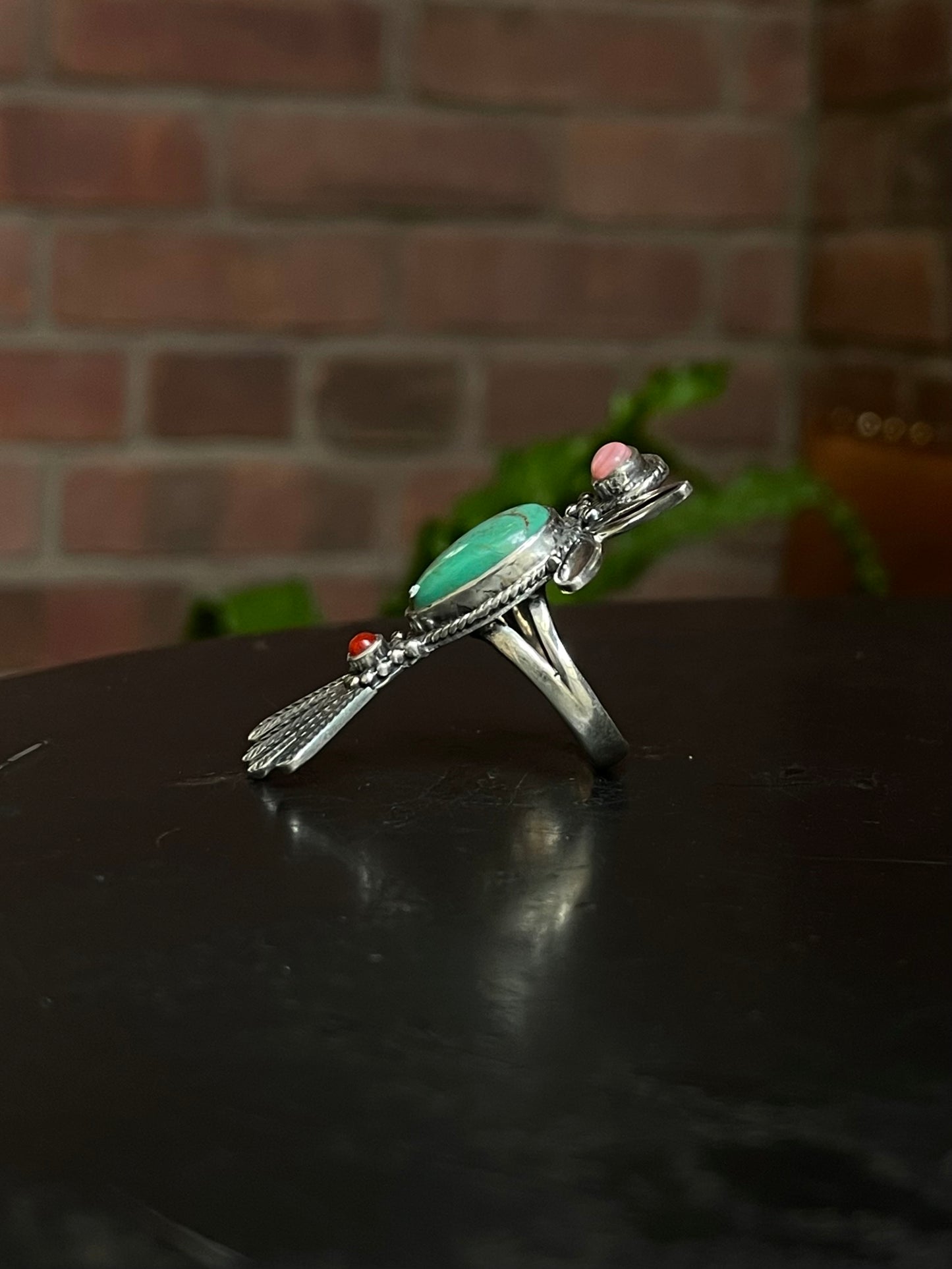 Kingman Turquoise, Pink Conch & Coral Hummingbird Ring Size 6 | 925 Sterling Silver E776