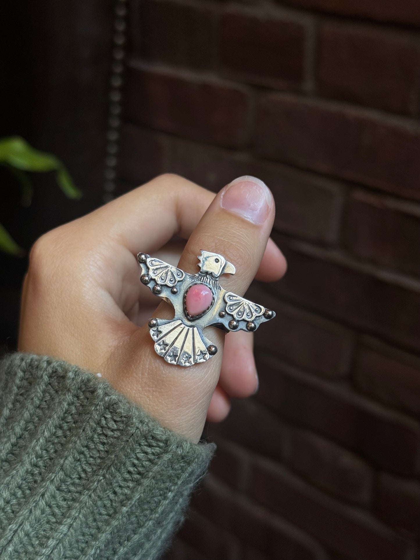 Pink Conch Thunderbird Ring Size 9 | 925 Sterling Silver C439