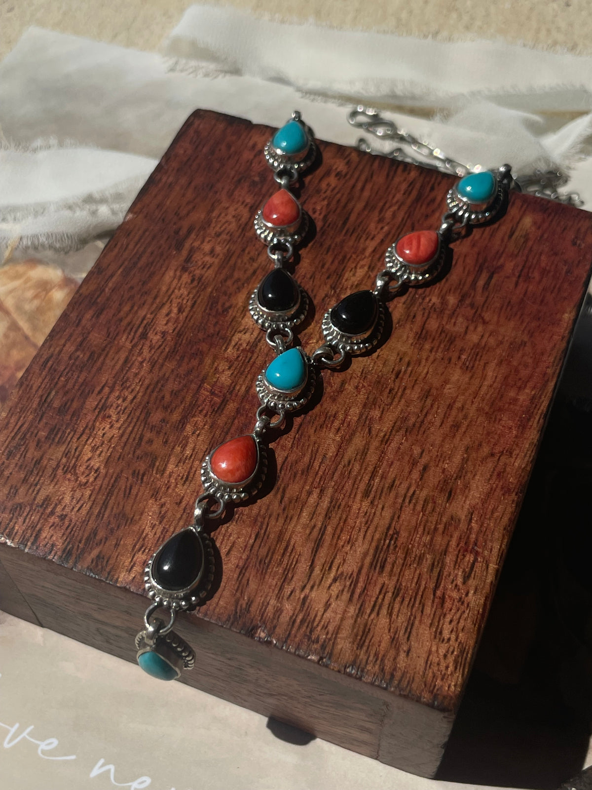 Turquoise Coral & Black Onyx Lariat Necklace | 925 Sterling Silver D237