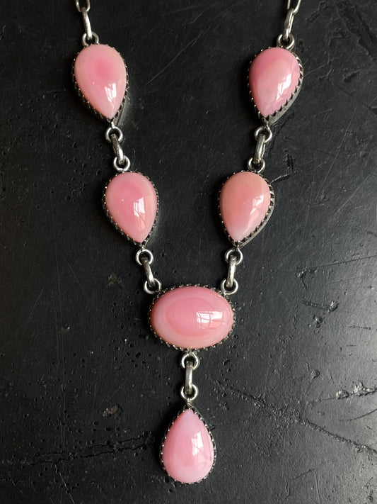 Pink Conch Lariat Necklace | Teardrop Station Drop | 925 Silver E555