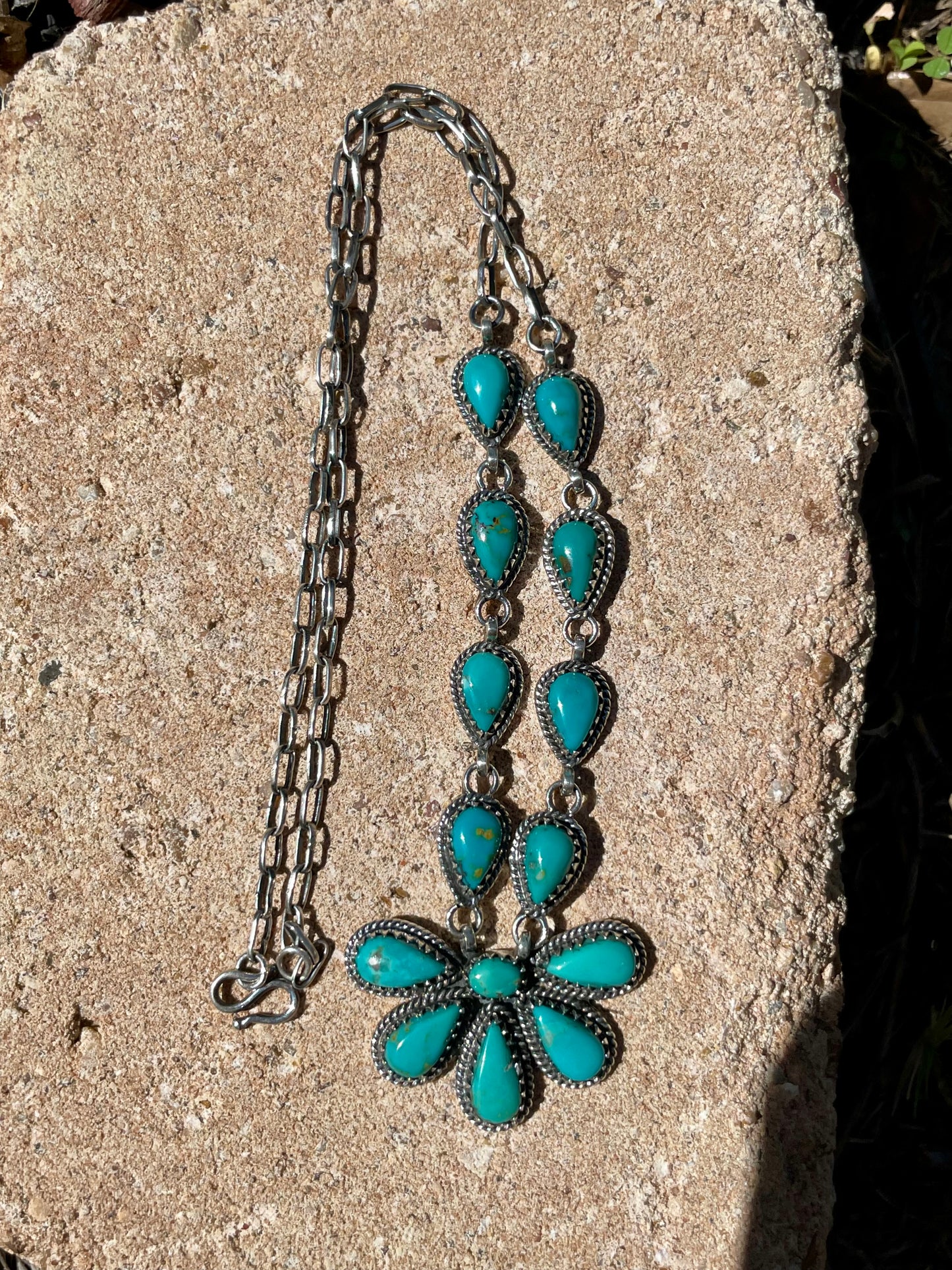 Kingman Turquoise Flower Lariat Necklace | Sterling Silver D135
