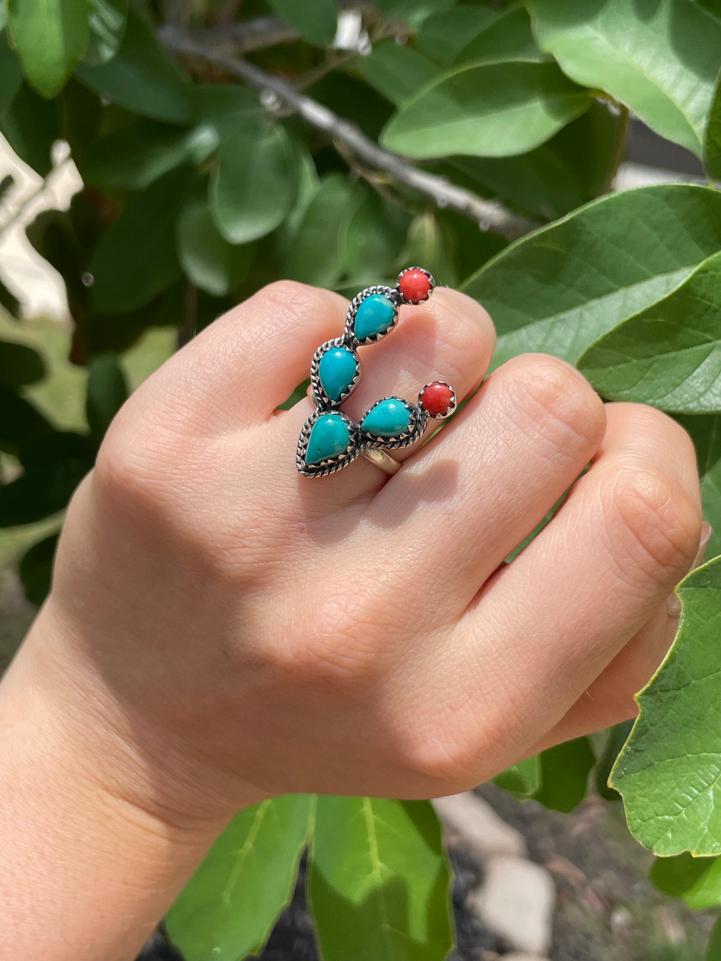Kingman Turquoise & Coral Cactus Ring Size 6 | 925 Sterling Silver D181