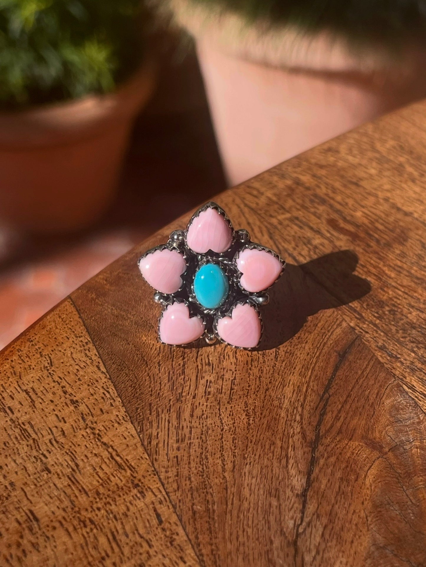 Pink Conch Heart Cluster Ring Size 8 | Kingman Turquoise | 925 Sterling Silver C864