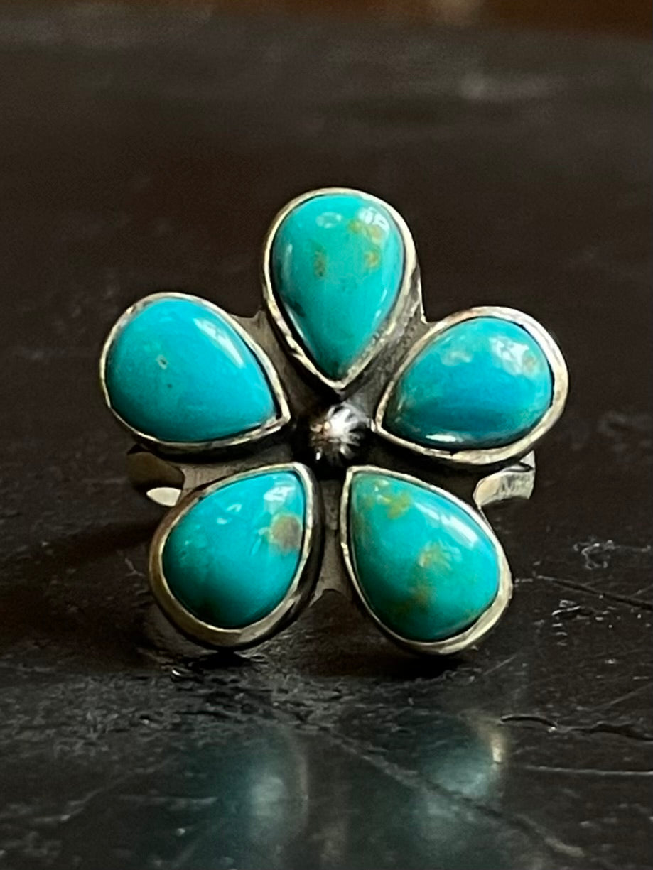 Kingman Turquoise Flower Ring Size 6.75 | 925 Sterling Silver G483