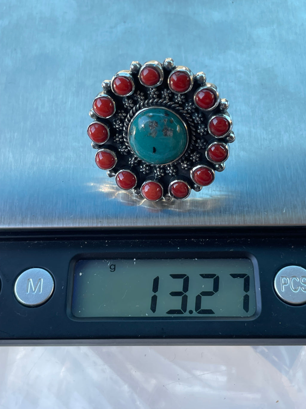 Turquoise & Coral Flower Ring | Sterling Silver 925 Size 6.5 C737