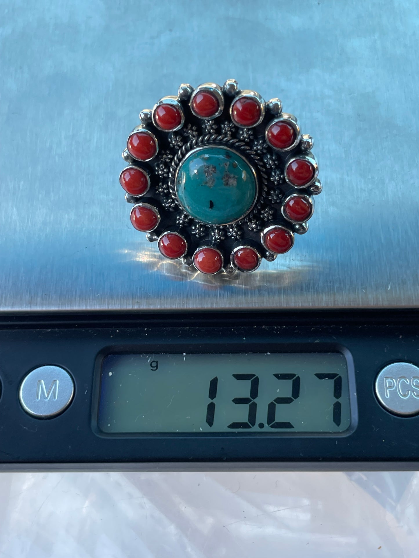 Turquoise & Coral Flower Ring | Sterling Silver 925 Size 6.5 C737