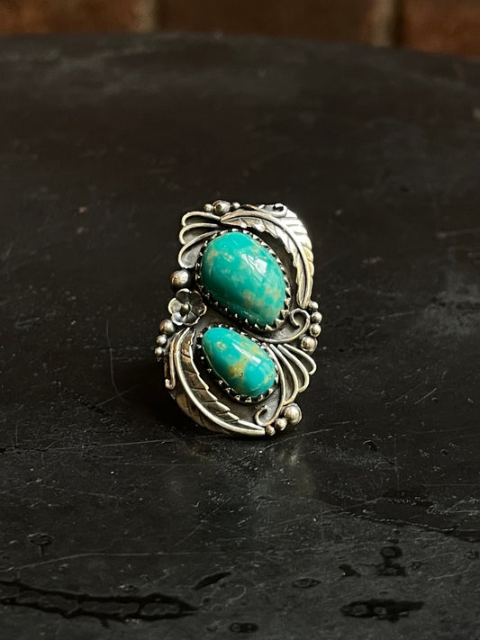 Kingman Turquoise Double Stone Ring Size 6 | 925 Sterling Silver Southwest E164