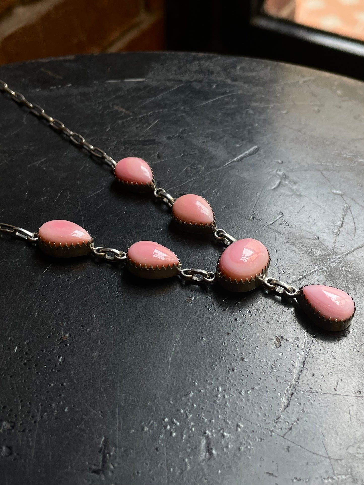 Pink Conch Lariat Necklace | Teardrop Station Drop | 925 Silver E555