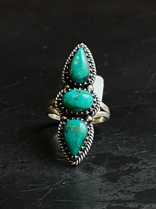 Kingman Turquoise 3 Stone Ring | Sterling Silver | Size 8 | A417