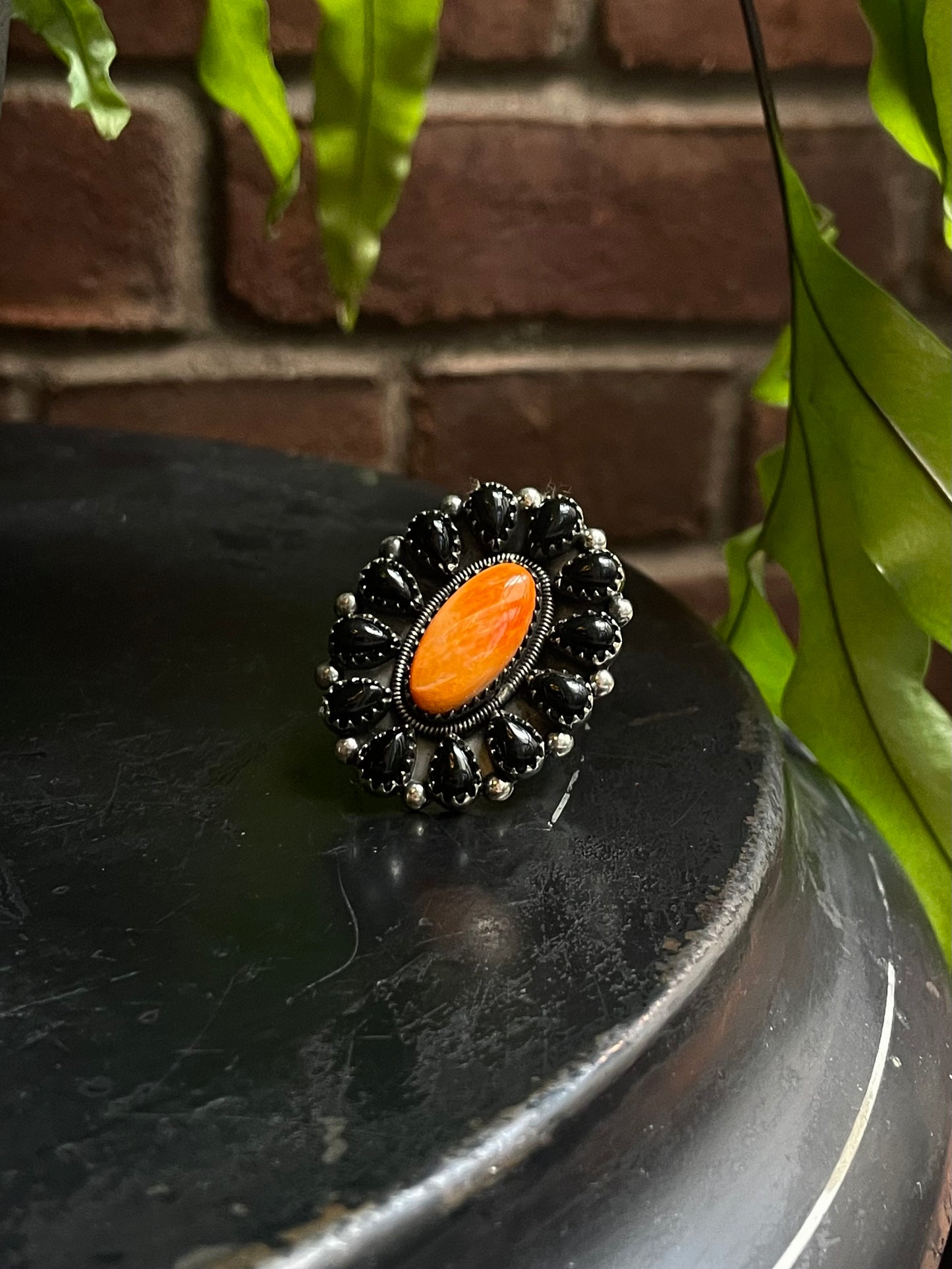 Spiny Oyster & Black Onyx Ring | Sterling Silver 925 | Size 9.25 C702