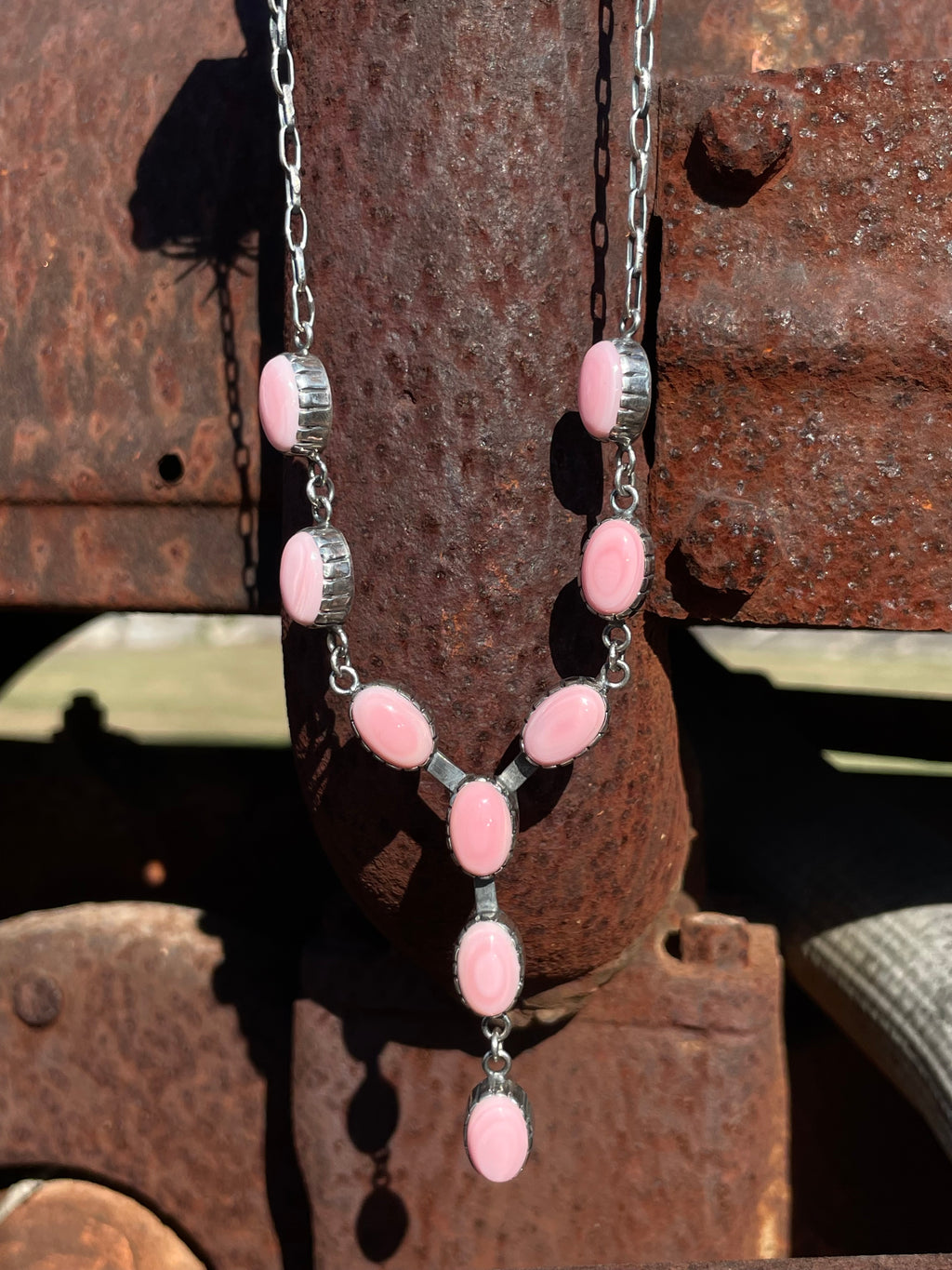 Pink Conch Lariat Necklace | Teardrop Station Drop | 925 Silver E553