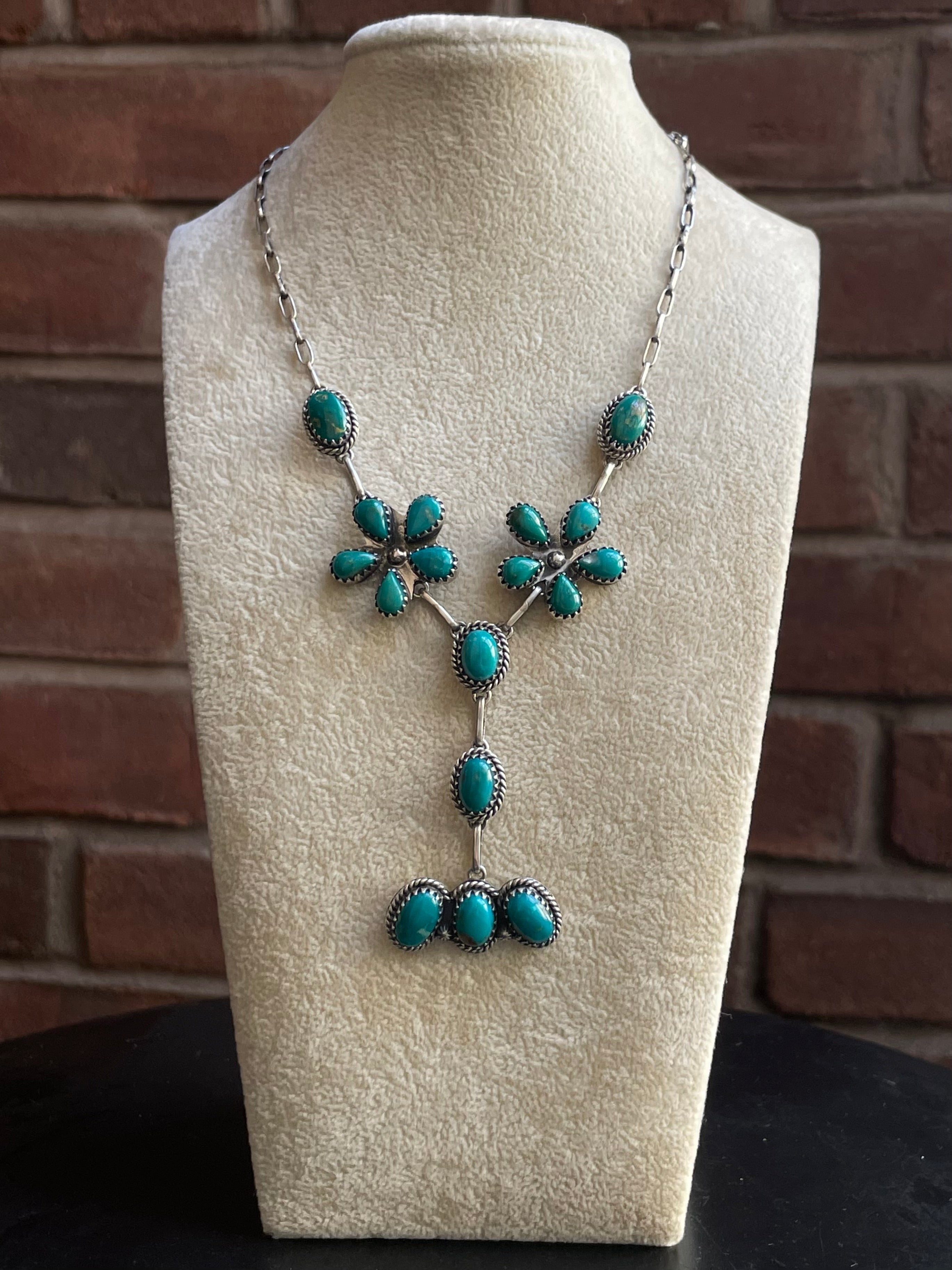 Kingman Turquoise Floral Lariat Necklace | 925 Sterling Silver G609