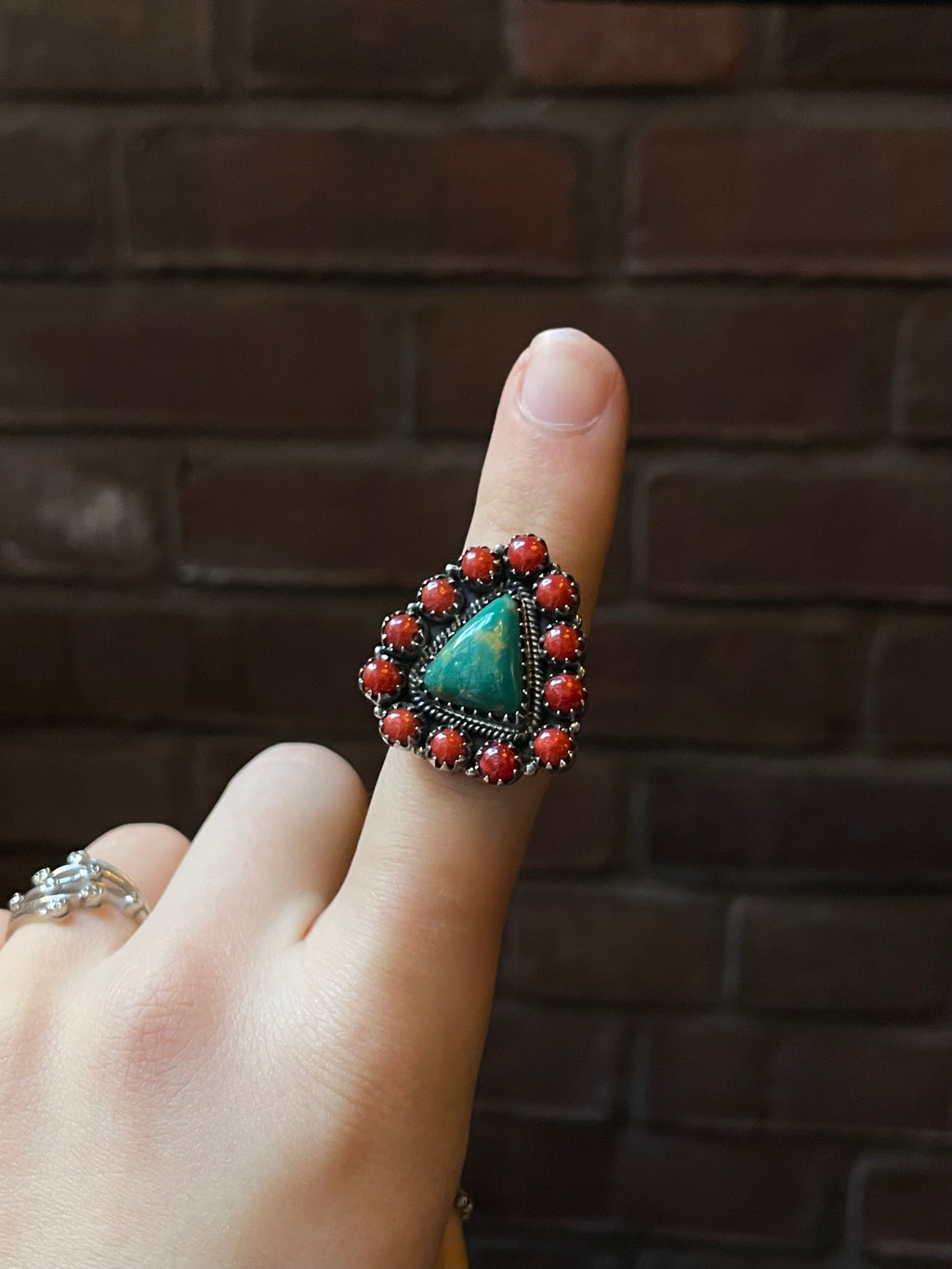 Kingman Turquoise Coral Cluster Ring | Sterling Silver | Size 9 | A206