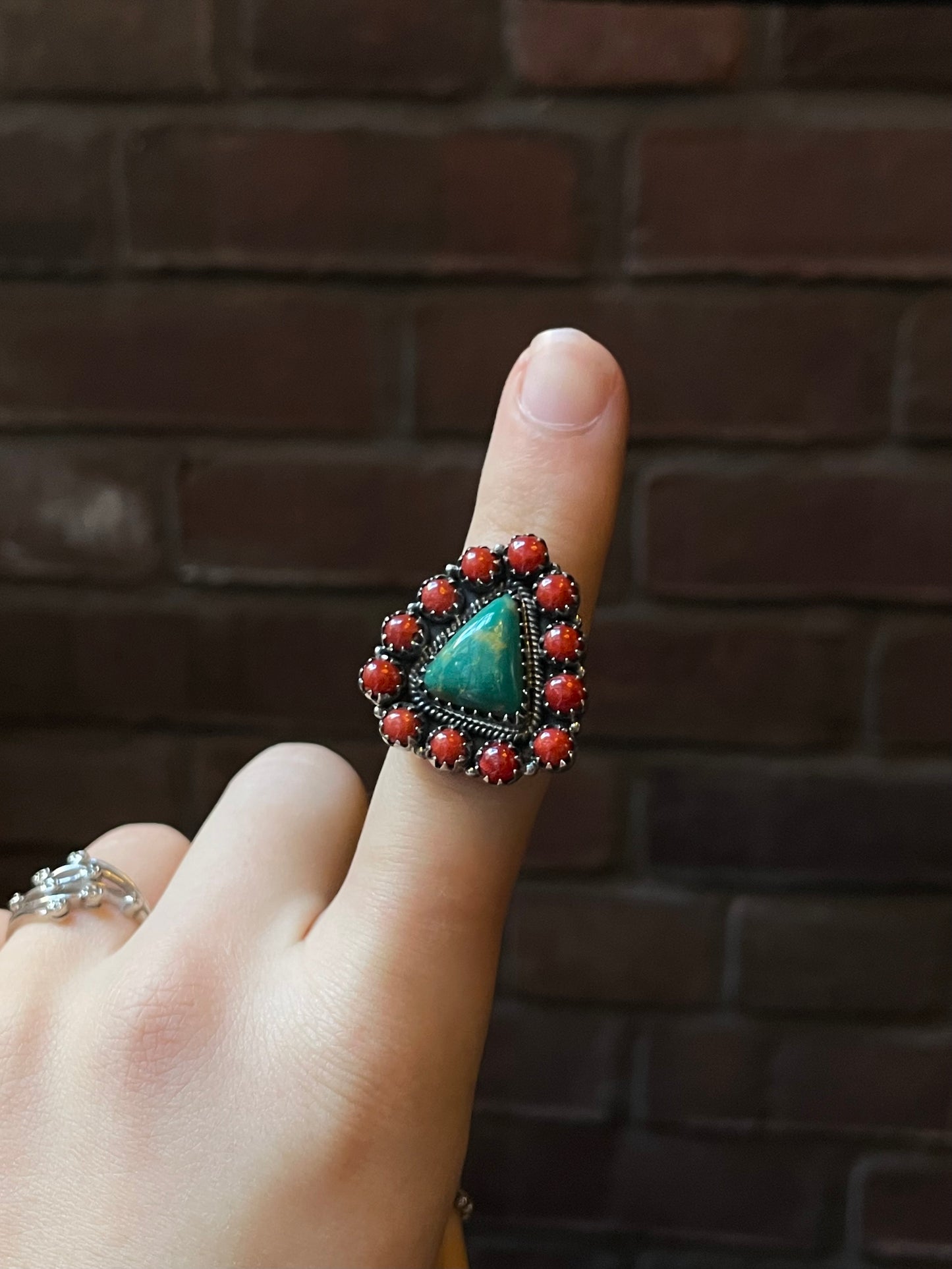 Kingman Turquoise Coral Cluster Ring | Sterling Silver | Size 9 | A206