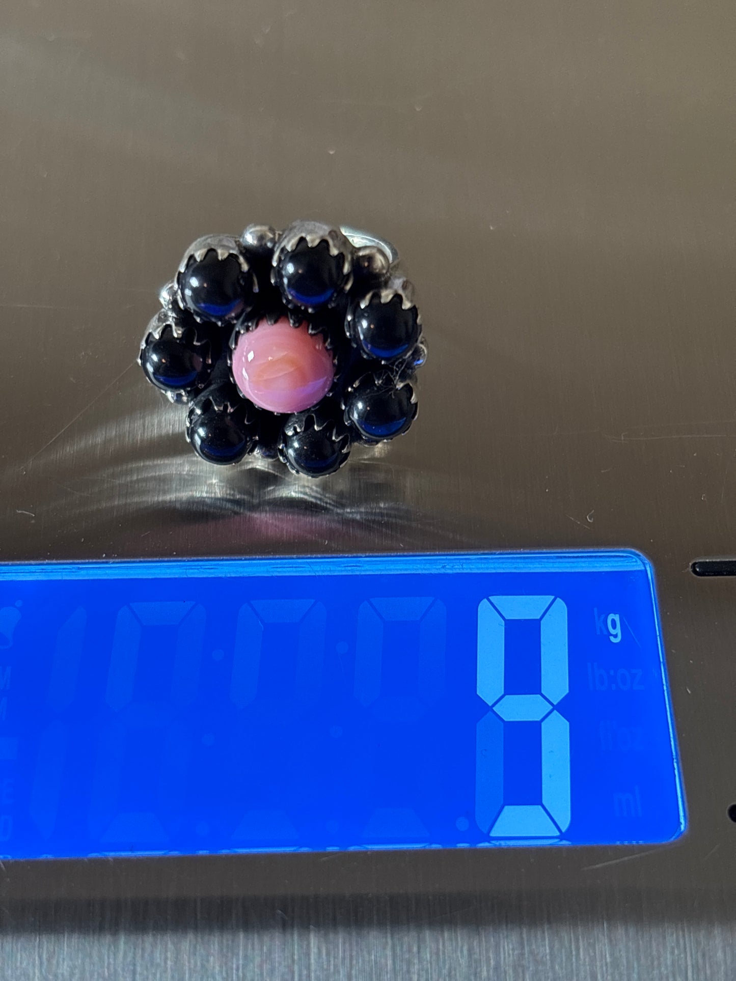 Black Onyx Pink Conch Flower Ring | Sterling Silver Size 5.5 925 C733