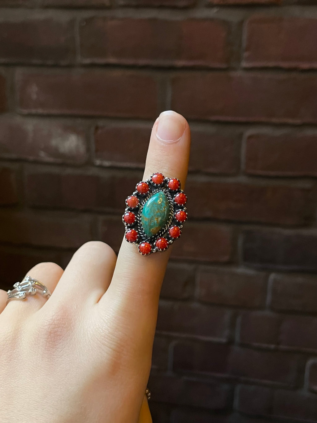 Kingman Turquoise Coral Cluster Ring | Sterling Silver | Size 8 | A186
