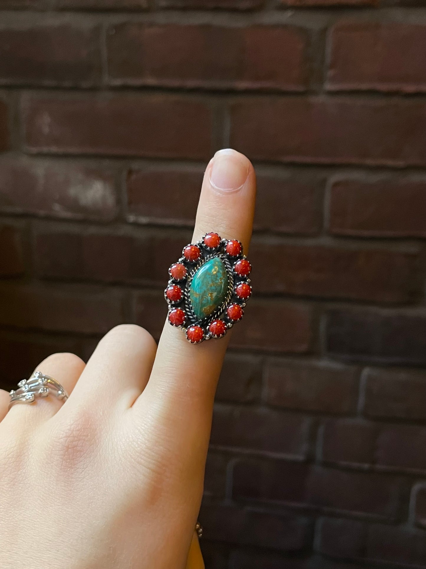 Kingman Turquoise Coral Cluster Ring | Sterling Silver | Size 8 | A186