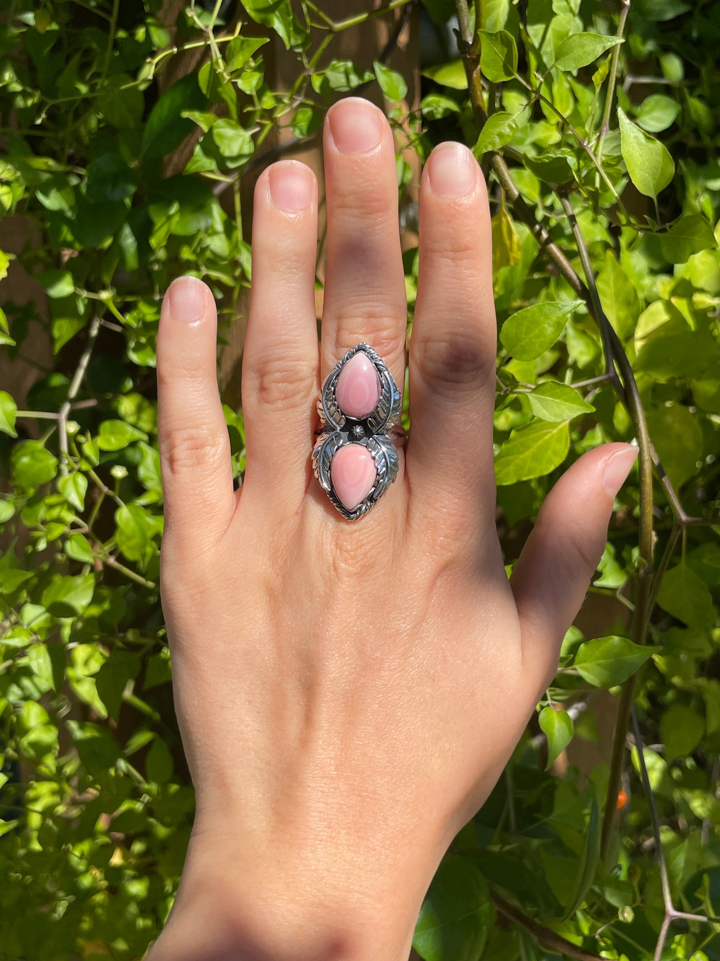 Pink Conch Double Stone Leaf Ring | 925 Sterling Silver | Size 9 B277
