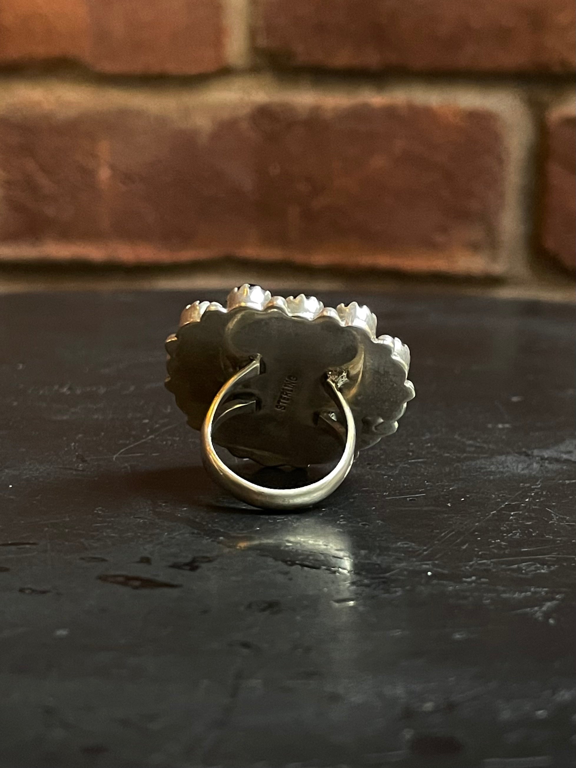 Pink Conch Heart & Black Onyx Cluster Ring | Sterling Silver | Size 7 G338