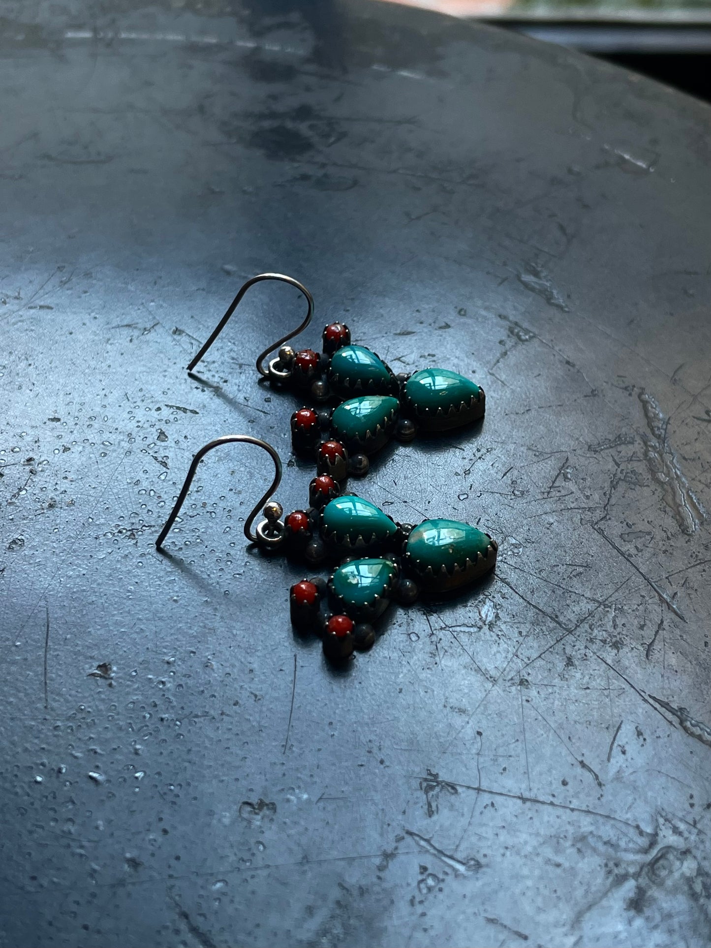 Kingman Turquoise Coral Cactus Earrings | Cluster Drop Hook E657