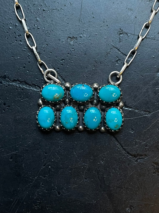 Kingman Turquoise Cluster Bar Necklace | 925 Sterling Silver E609