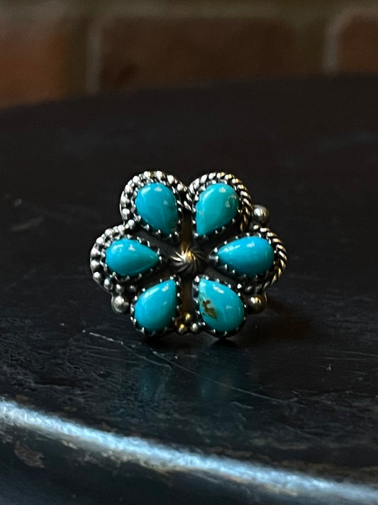 Kingman Turquoise Flower Cluster Ring | Sterling Silver | Size 7 | A043