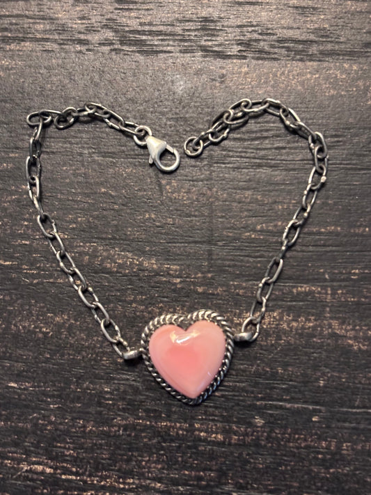 Pink Conch Heart Link Bracelet | 925 Sterling Silver Southwestern Style A118
