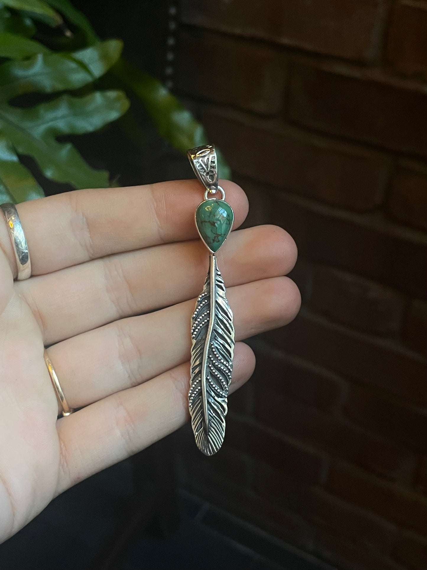 Turquoise Feather Dangle Pendant | 925 Sterling Silver C904
