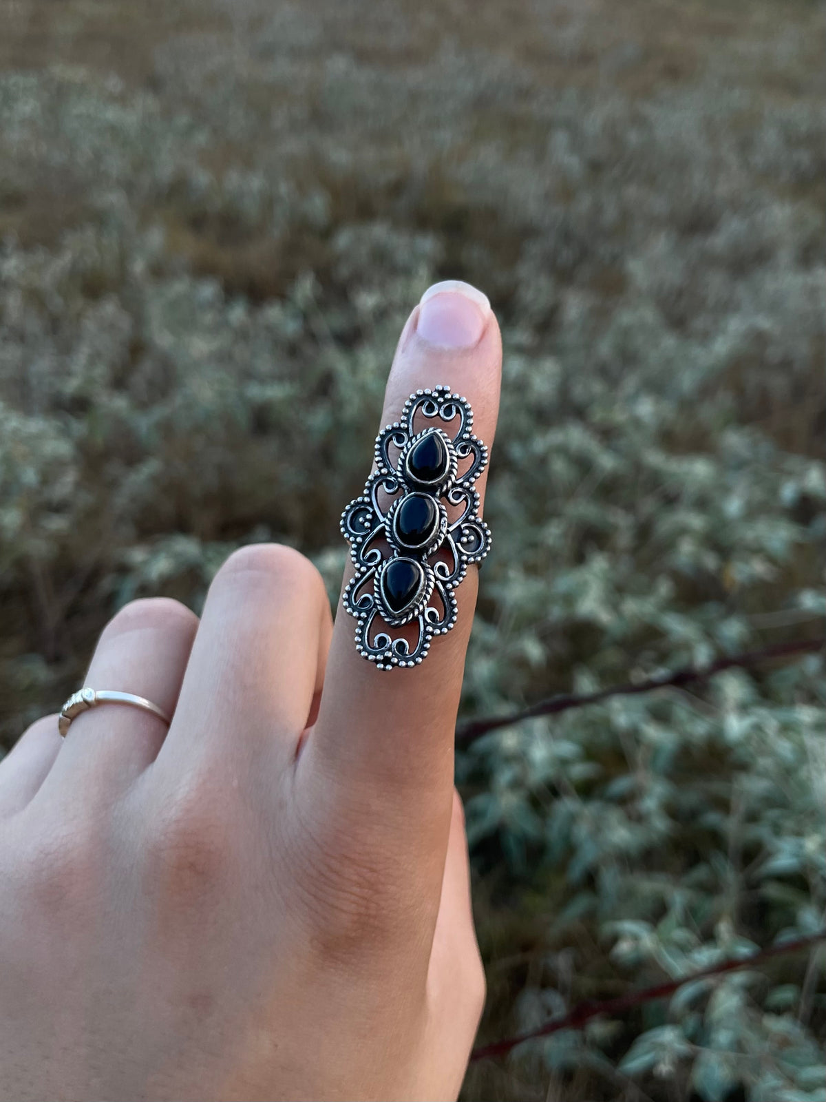 Black Onyx Filigree Statement Ring | 925 Sterling Silver Size 8 G828