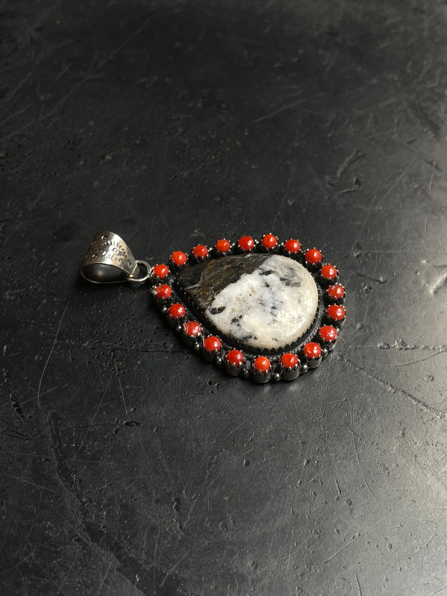White Buffalo & Red Coral Teardrop Pendant | 925 Sterling Silver E267