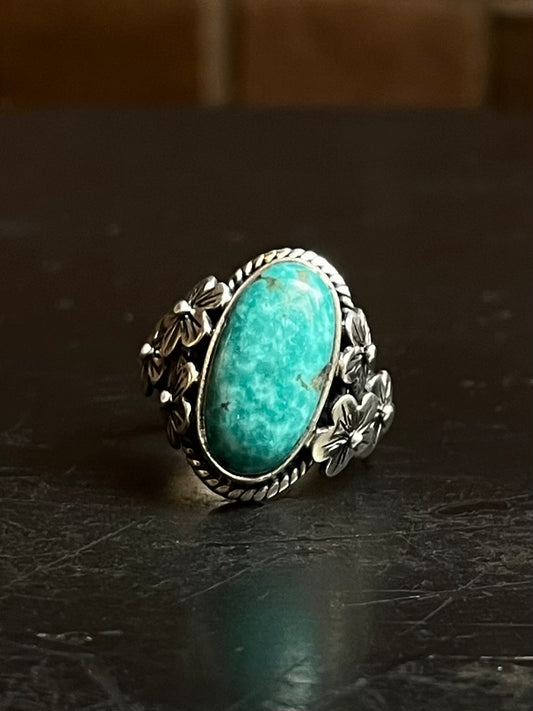 Kingman Turquoise Flower Ring | Sterling Silver | Size 9 | A023