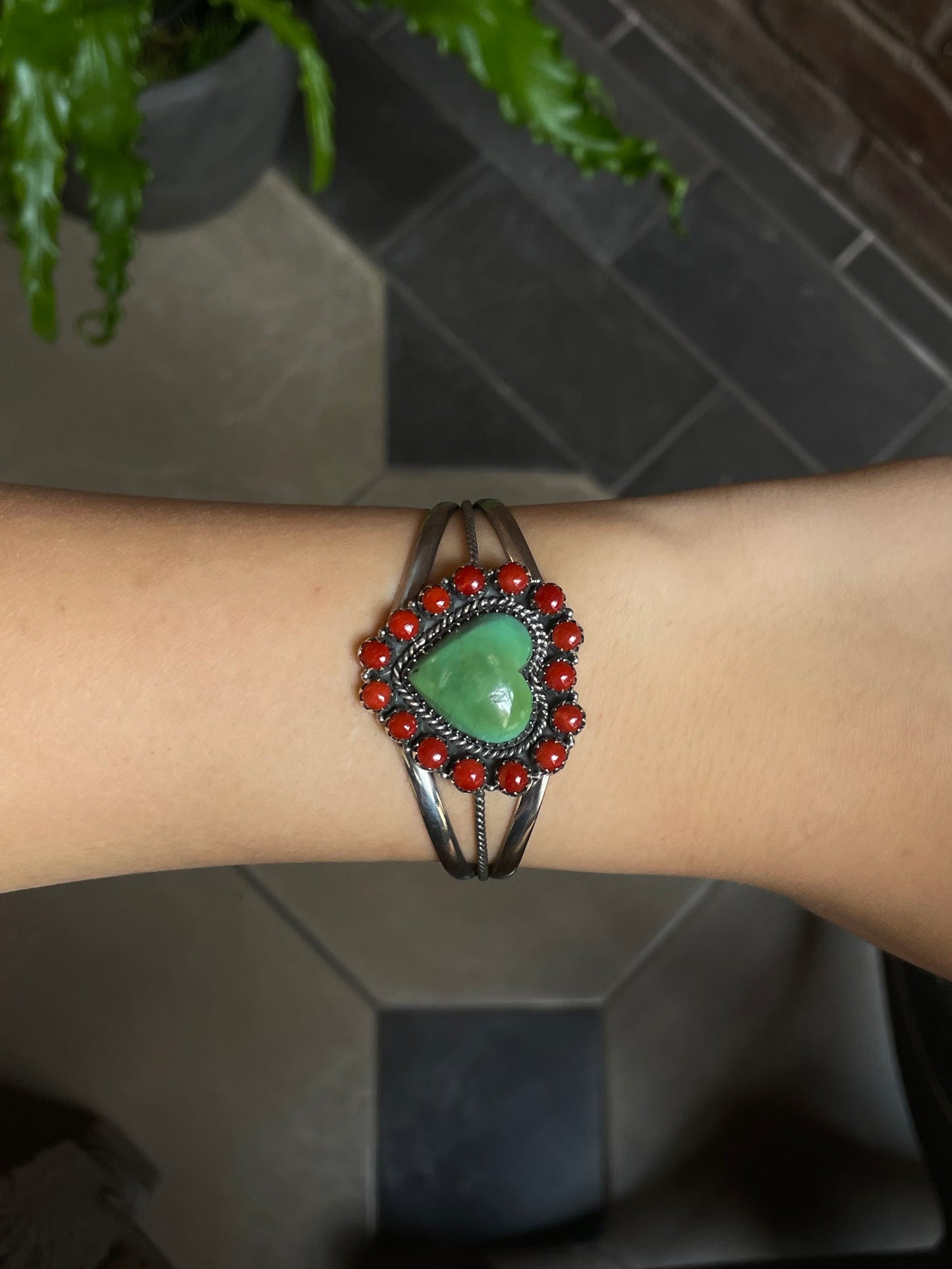 Kingman Turquoise & Coral Heart Cuff | Cluster Halo Design | 925 Silver E541
