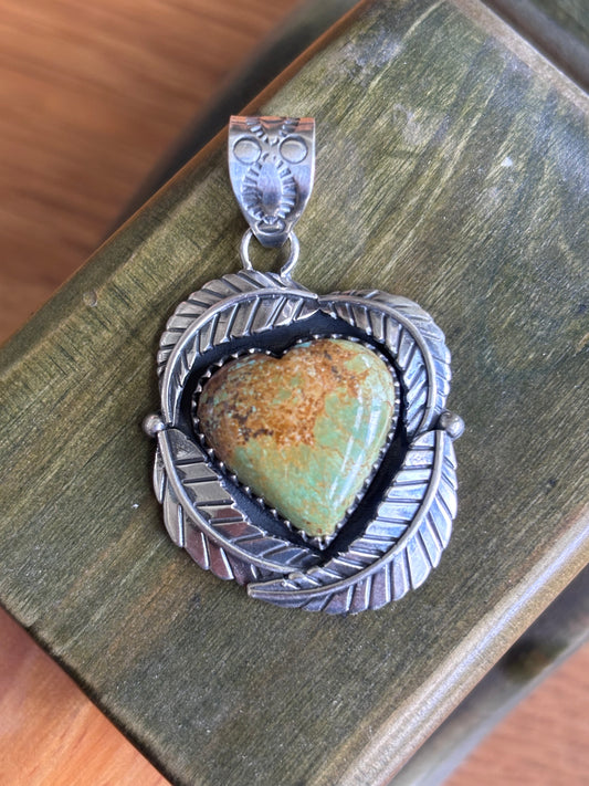 Turquoise Heart Feather Pendant | Sterling Silver Southwestern Style A084