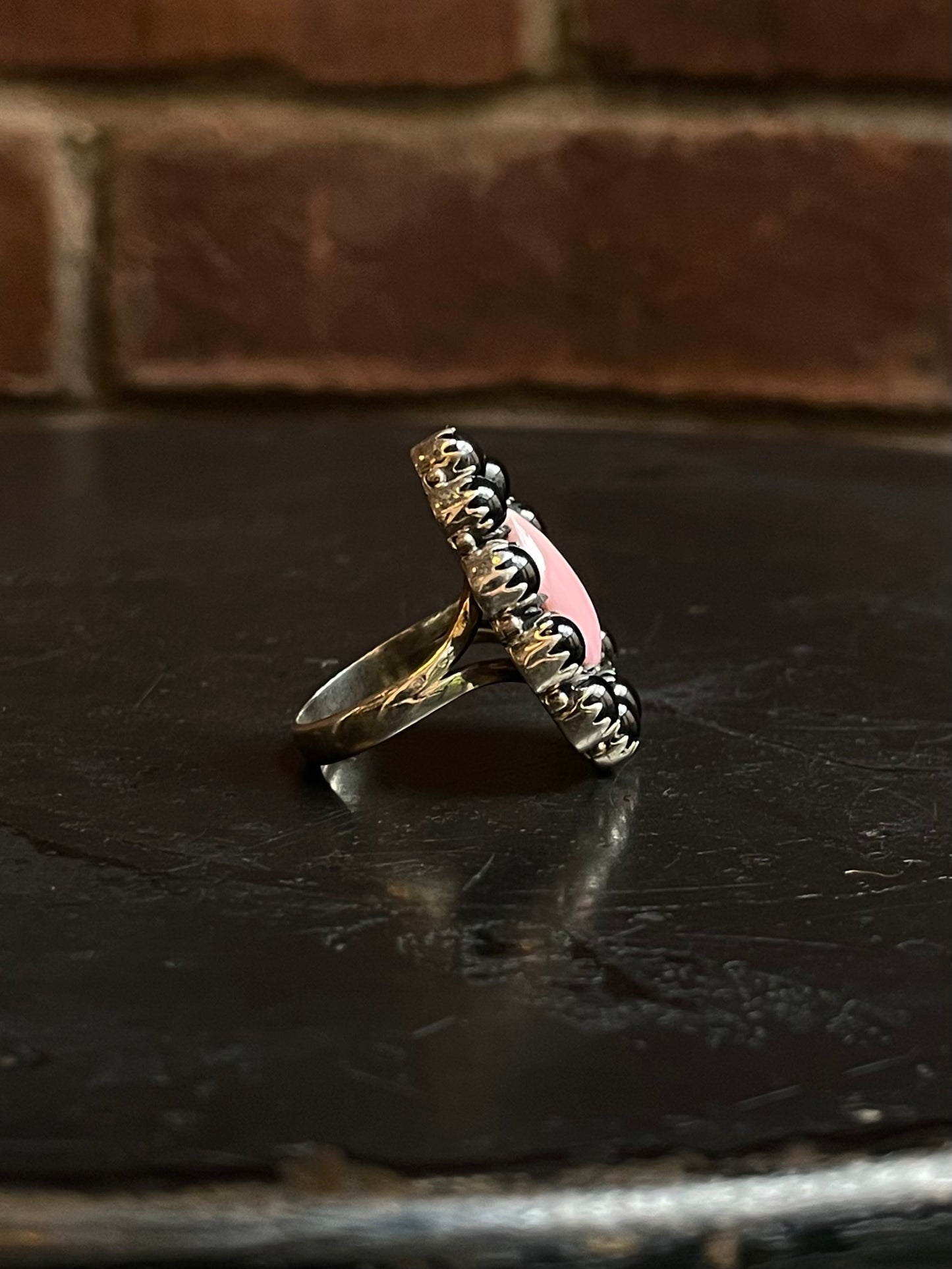 Pink Conch & Black Onyx Cluster Ring | Sterling Silver | Size 8 G341