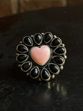 Black Onyx & Pink Conch Flower Ring | 925 Sterling Silver Size 8 G570