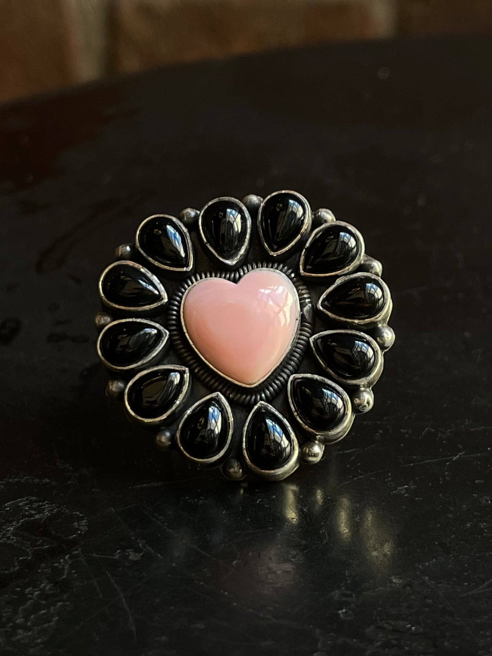 Black Onyx & Pink Conch Flower Ring | 925 Sterling Silver Size 8 G570