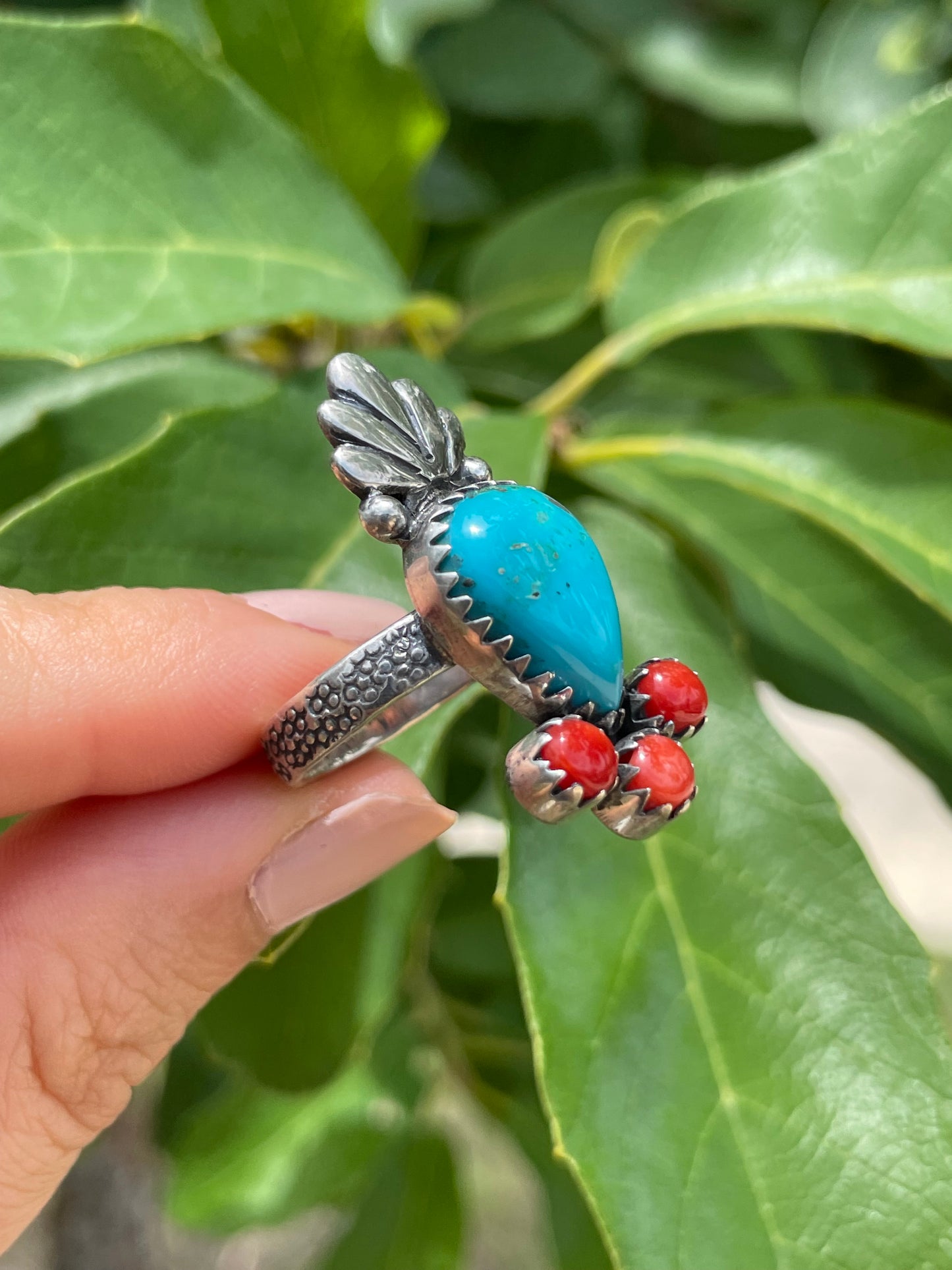 Kingman Turquoise & Coral Ring Size 7 | 925 Sterling Silver D179