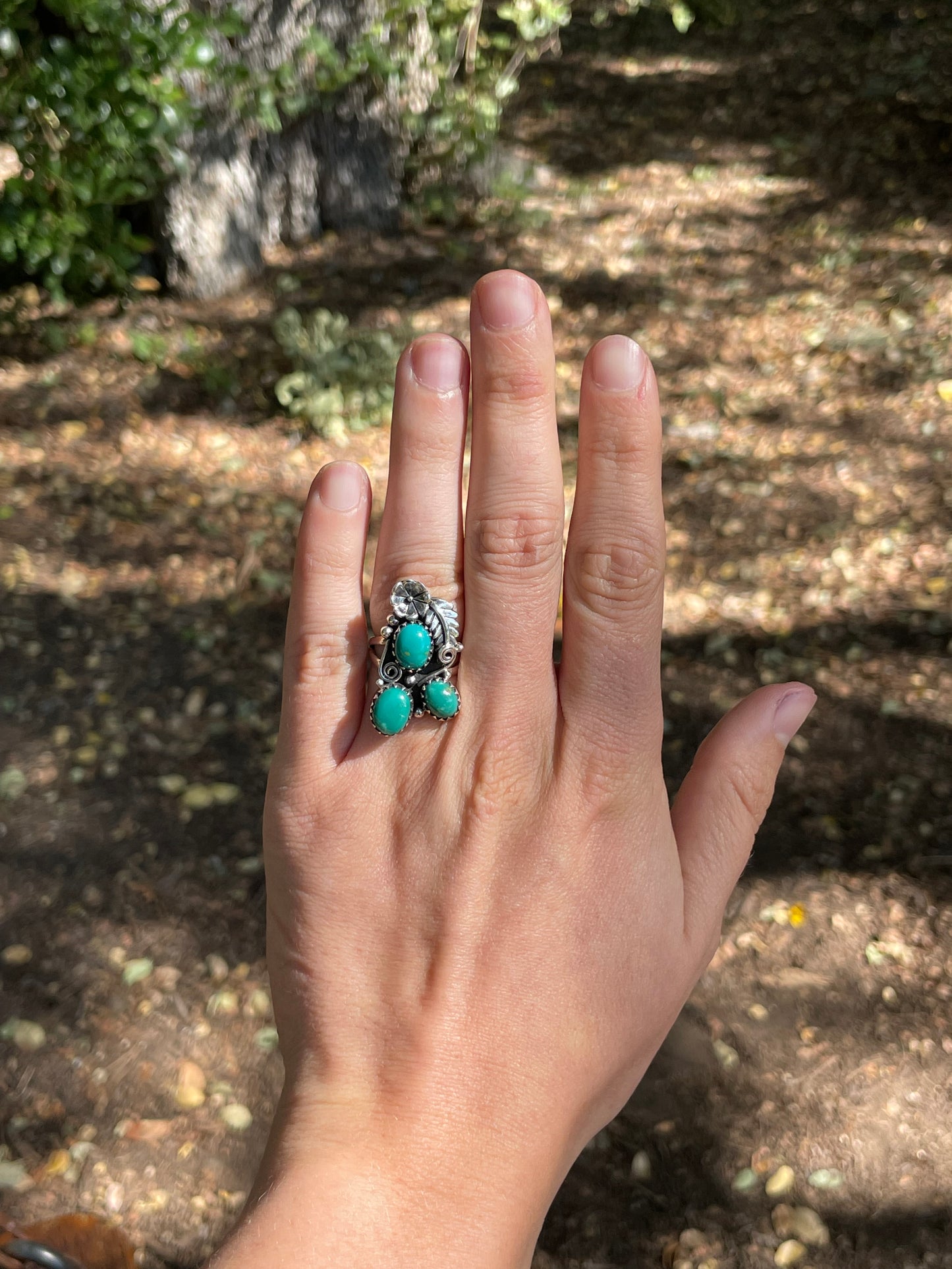 Turquoise Triple Stone Floral Ring Size 6 | Sterling Silver 925 B380