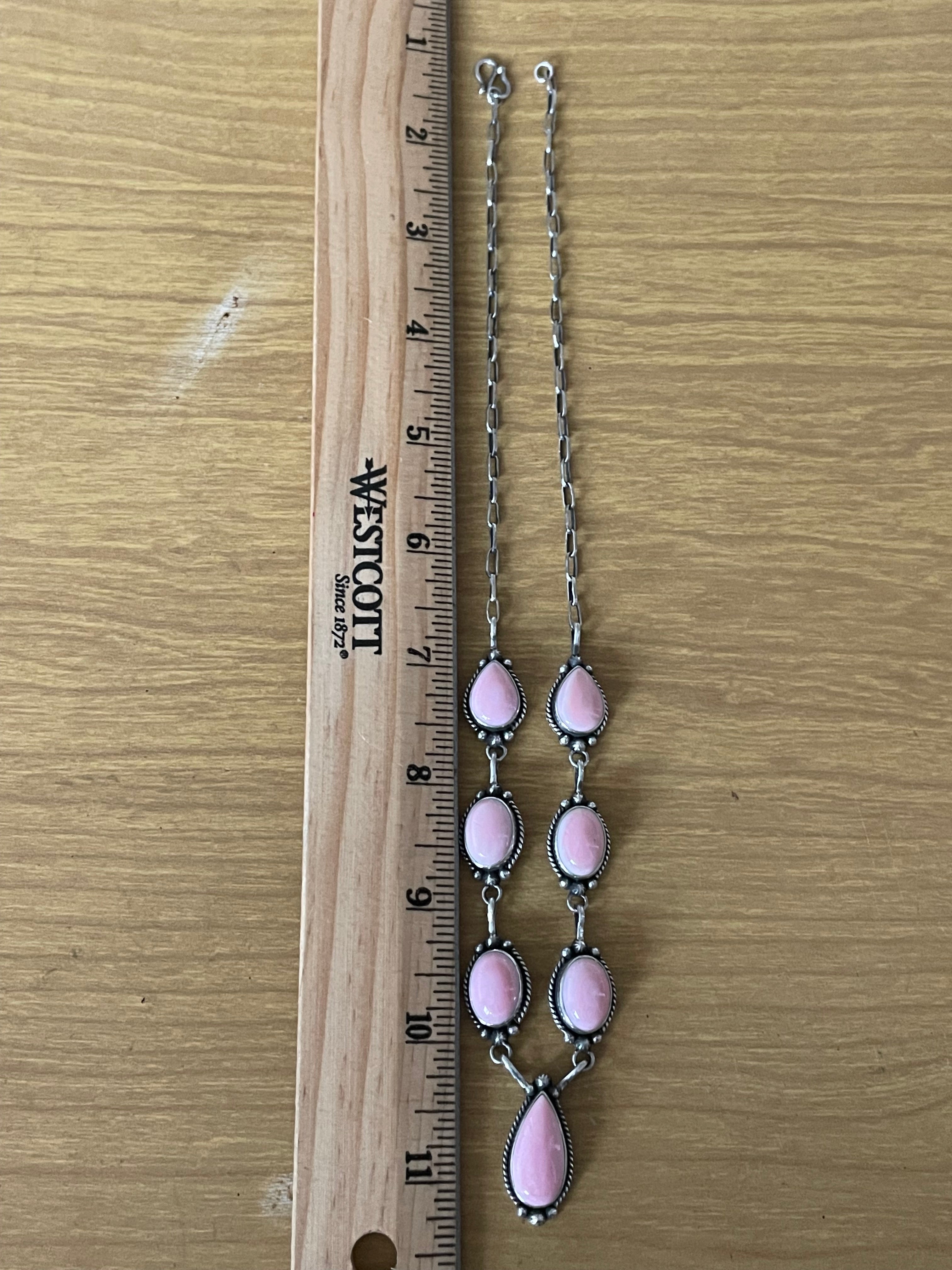 Pink Conch Lariat Necklace | Teardrop Station Drop | 925 Silver E561