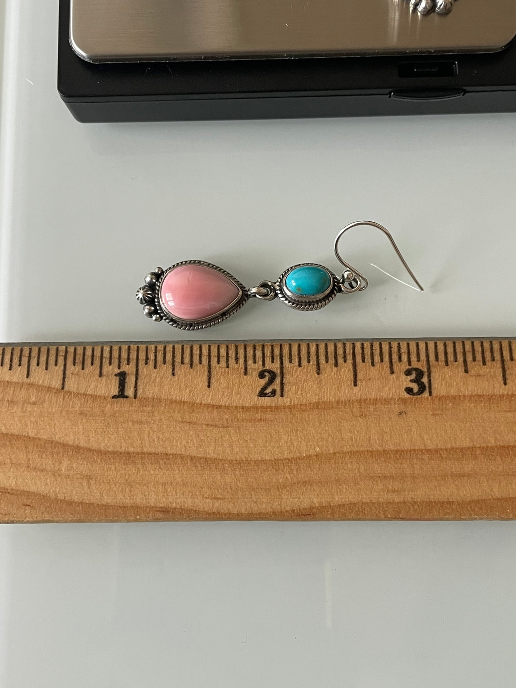 Pink Conch Kingman Turquoise Earrings | Teardrop Drop Hook E667