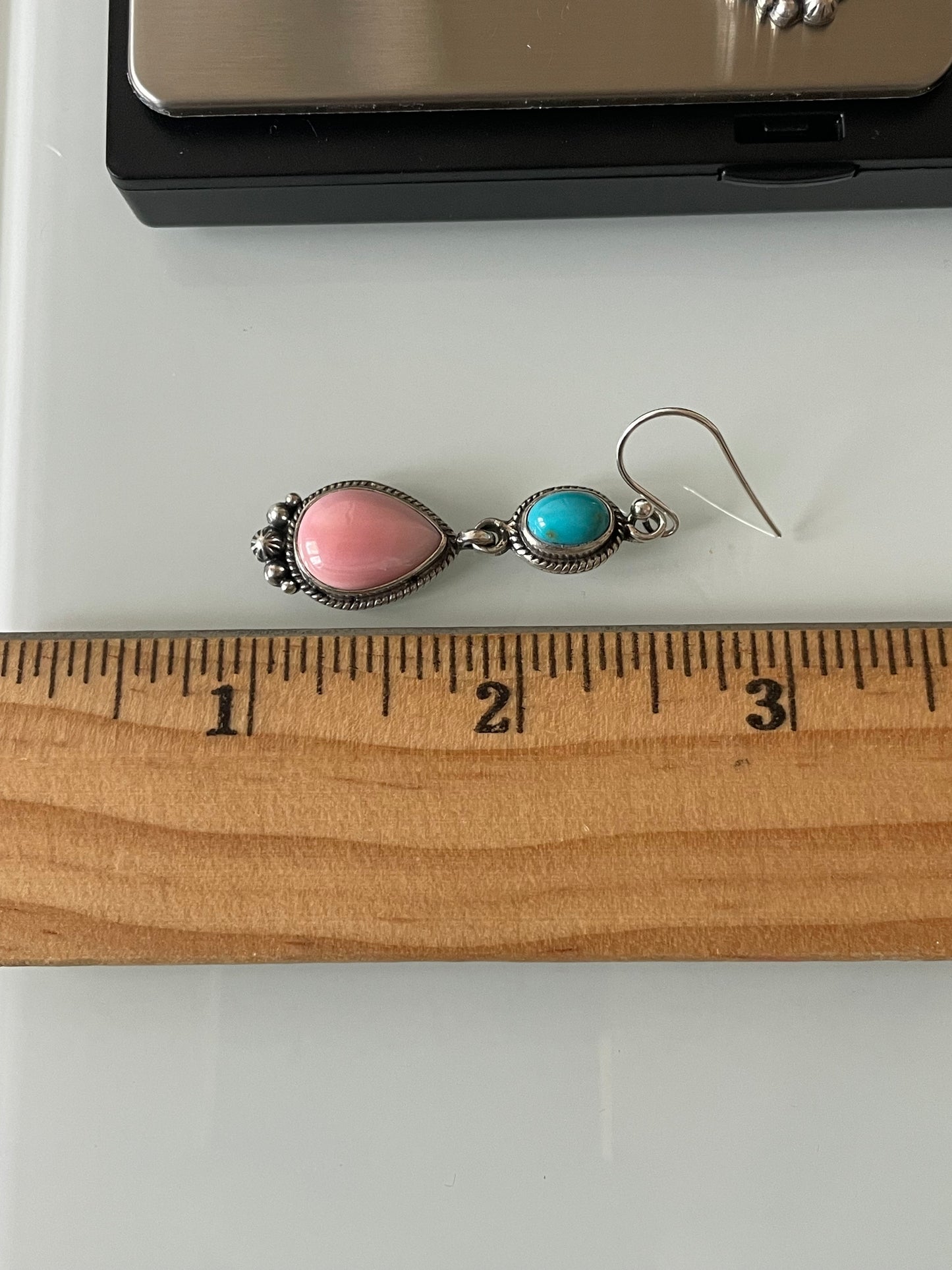 Pink Conch Kingman Turquoise Earrings | Teardrop Drop Hook E667