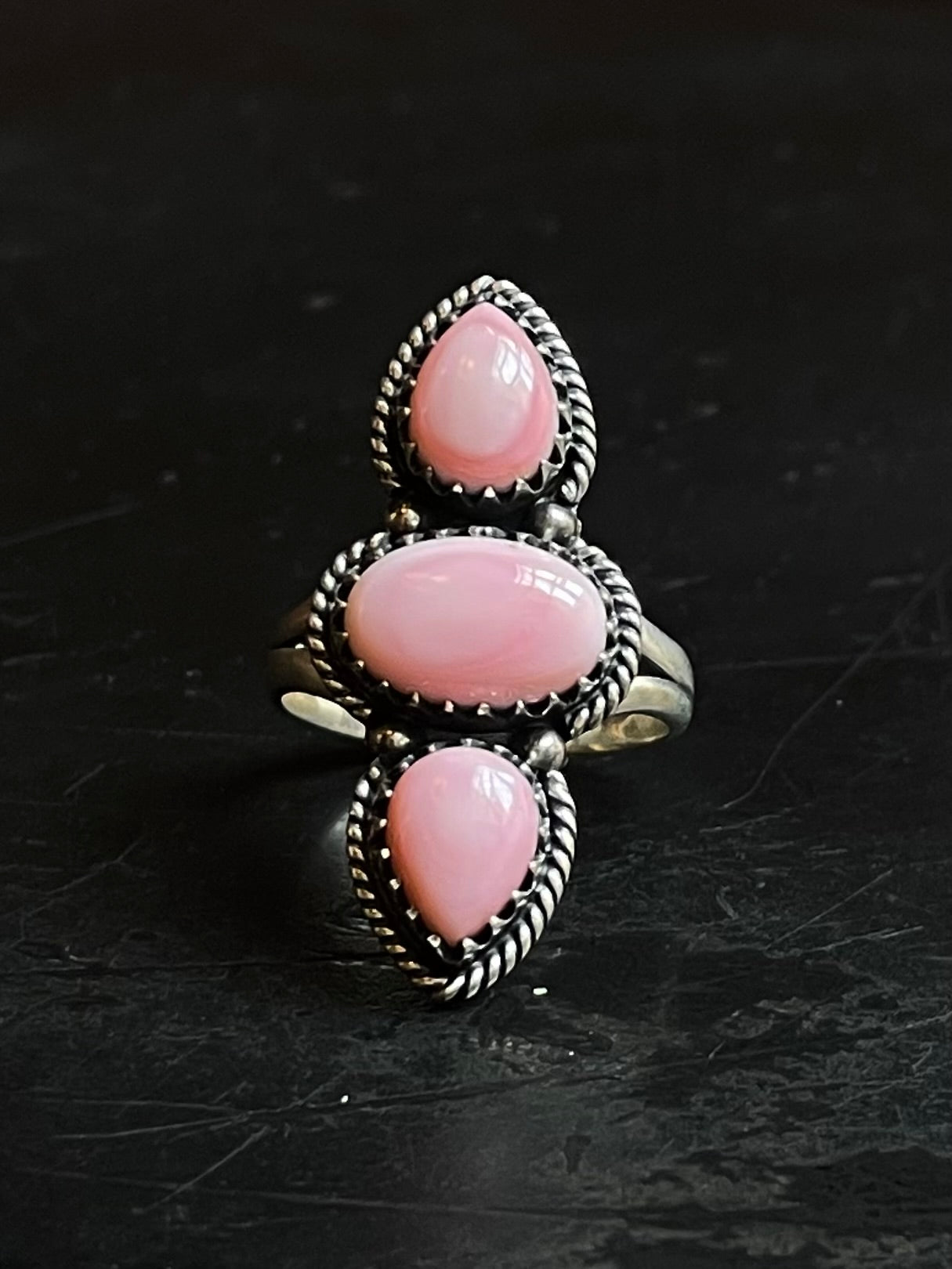 Pink Conch Three Stone Ring | Sterling Silver | Size 8 | A411