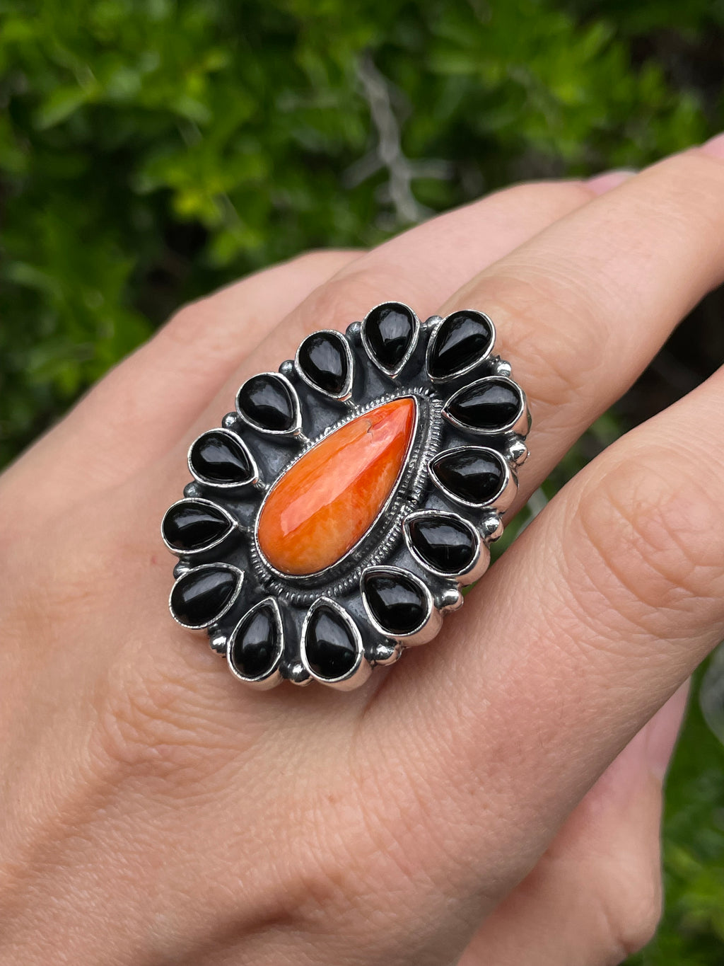 Spiny Oyster Black Onyx Flower Ring Size 7 | 925 Sterling Silver B640