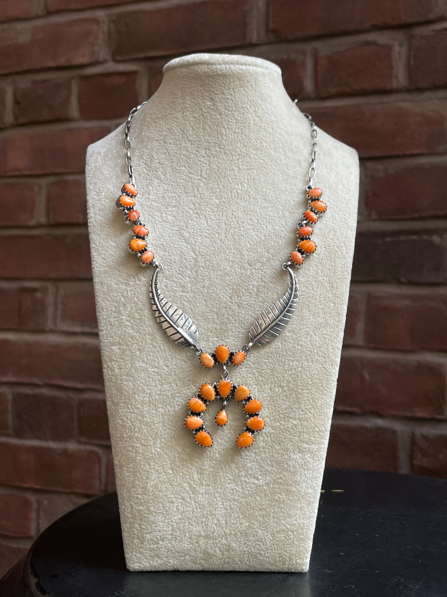 Orange Spiny Oyster Feather Naja Necklace | 925 Sterling Silver E602