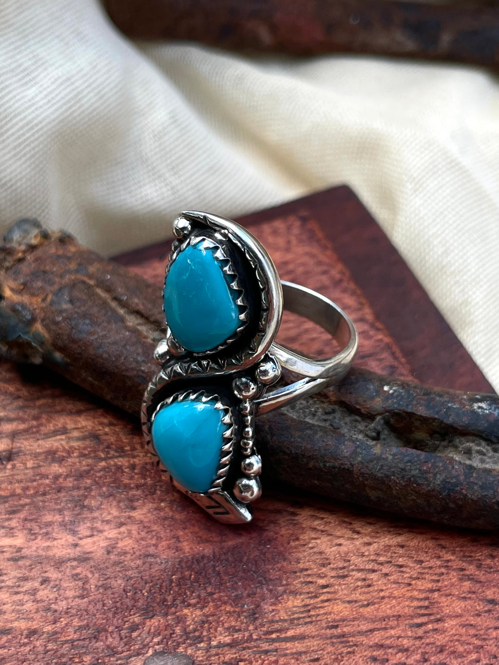 Turquoise Double Stone Snake Ring Size 8 | 925 Sterling Silver C952