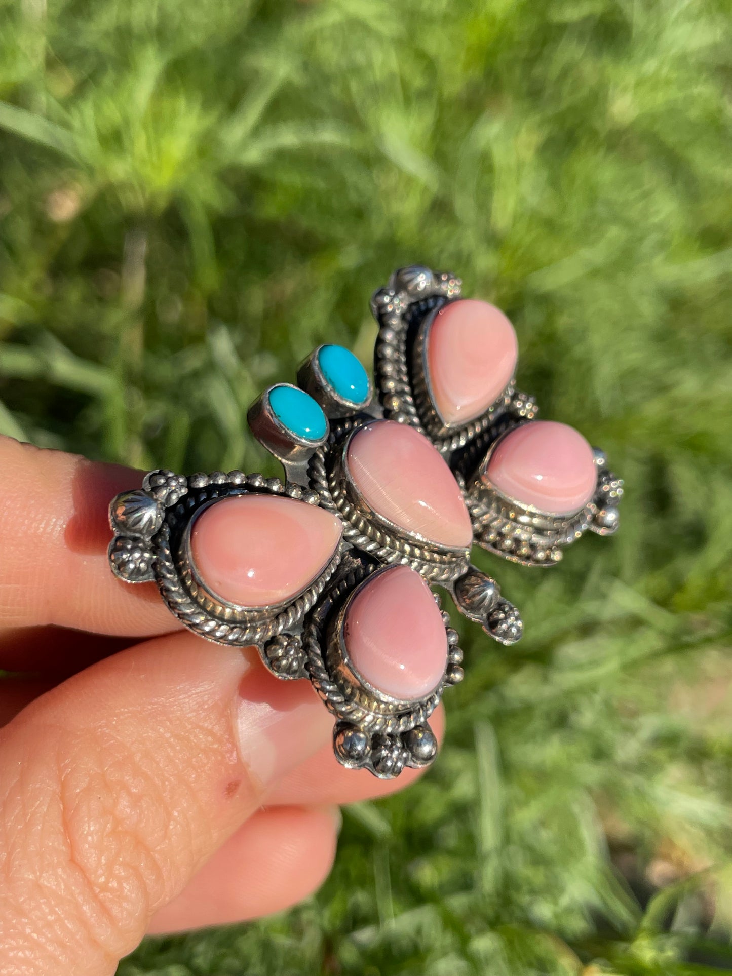 Pink Conch & Turquoise Butterfly Ring | 925 Sterling Silver | Size 7 B907